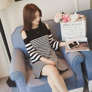 Striped Cold Shoulder 3/4-sleeve Shift Dress