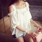 Off Shoulder Short-sleeve Chiffon Top White - One Size