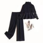 Set: Long-sleeve Lace Top + Knit Poncho + Wide-leg Pants