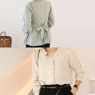 Set Of 2: Frilled-trim Blouse / Cross-front Tie Blouse