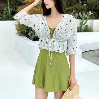 Set: Spaghetti-strap Plain Swimdress + Bottom + Elbow Sleeve Star Cover-up