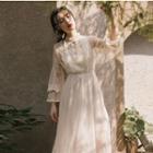 Set: Lace Trim Mesh Long-sleeve Midi A-line Dress + Slipdress