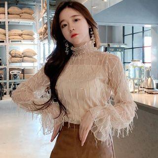 Fringed Trim Long-sleeve Top / Camisole Top / Set