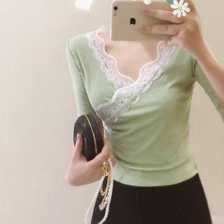 Short-sleeve Lace Trim Wrap T-shirt