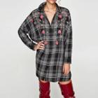 Long-sleeve Check Embroidered Shirtdress