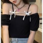 Short-sleeve Bow-accent Top Black - One Size