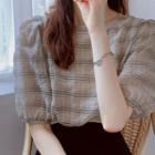 Plaid Puff-sleeve Chiffon Blouse Khaki - One Size