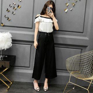 Set: Off-shoulder Short-sleeve Top + Cropped Wide-leg Pants