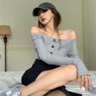 Long-sleeve Off-shoulder Button-up Top / Asymmetrical Skort