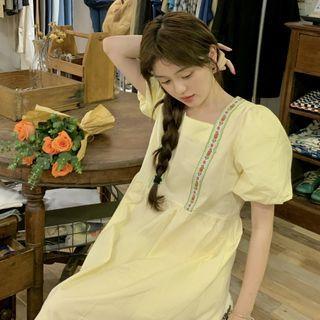 Puff-sleeve Square-neck Loose-fit Dress Yellow - One Size
