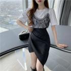 Mock Two-piece Short-sleeve Lace Panel T-shirt / Asymmetrical A-line Skirt