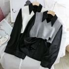 Set : Plain Long-sleeve Shirt + V-neck Plain Ripped Sleeveless Sweater