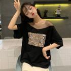 Off-shoulder Sequined T-shirt Black - One Size