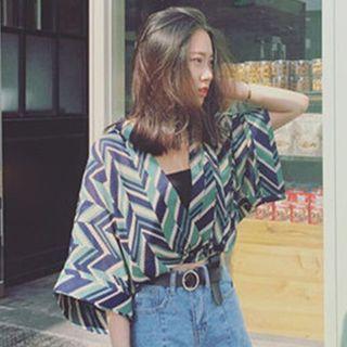 Set: Patterned Elbow-sleeve Chiffon Top + Bandeau