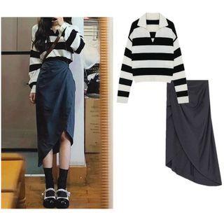 Collared Striped Sweater / Asymmetrical Skirt