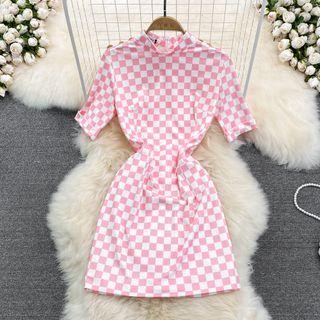 Short Sleeve Mock Neck Check Sheath Dress