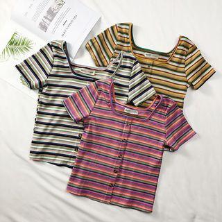 Square-neck Striped Crop T-shirt