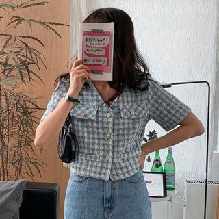 V-neck Cropped Checked Tweed Jacket