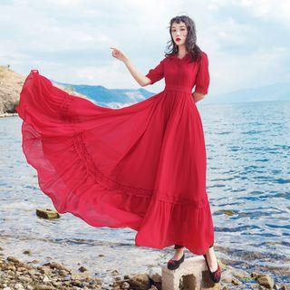 Elbow-sleeve Hooded Maxi A-line Dress
