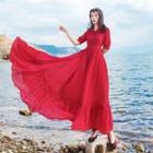 Elbow-sleeve Hooded Maxi A-line Dress