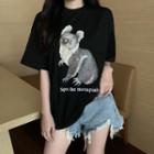 Koala Print Elbow-sleeve T-shirt Black - One Size