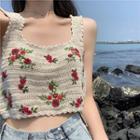 Flower Embroidered Sleeveless Top / High-waist Loose-fit Jeans