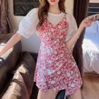 Set: Puff-sleeve Blouse + Floral Print Overall Dress