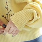 Flower-embroidered V-neck Knit Top