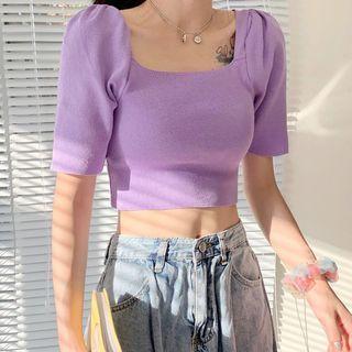Cropped Puff-sleeve Knit Top