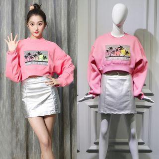 Long-sleeve Printed Cropped Top / Metallic Pencil Skirt
