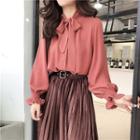 Plain Bow-accent Bell Sleeve Loose-fit Blouse
