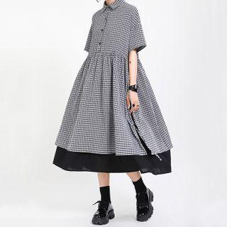 Plaid Short-sleeve Midi A-line Dress Plaid - Black & White - One Size