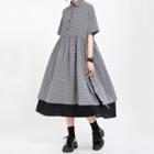 Plaid Short-sleeve Midi A-line Dress Plaid - Black & White - One Size