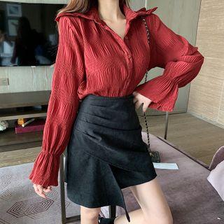 Peter Pan Collar Plain Shirt + High-waist Skirt