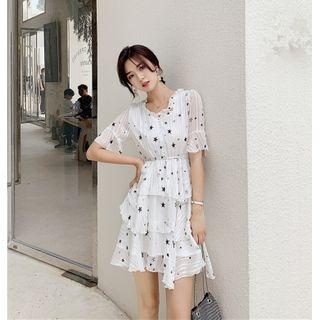 Short-sleeve Star Print Ruffled Chiffon Dress