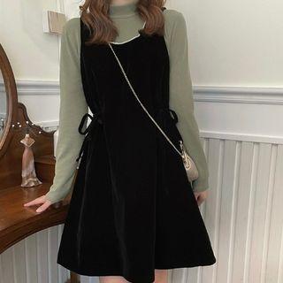 Set : High-waist Long-sleeve Top + Drawstring Dress