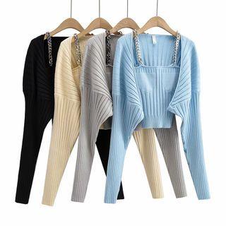 Set: Plain Ribbed Cropped Camisole + Plain Ribbed Long Sleeve Cropped Cardigan
