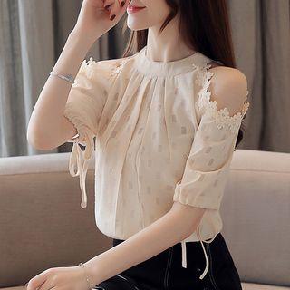 Lace Trim Cold Shoulder Elbow-sleeve Blouse