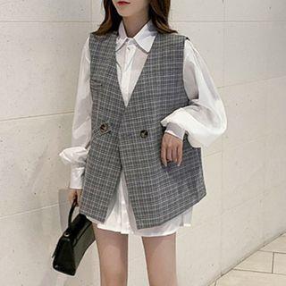Set: Puff-sleeve Shirt + Plaid Vest