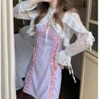 Bell-sleeve Ruffle-trim Cropped Cardigan / Lace-up Strappy Mini Dress