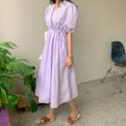 Short-sleeve Plain A-line Dress Purple - One Size