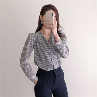 Shirred-shoulder Pattern Chiffon Blouse