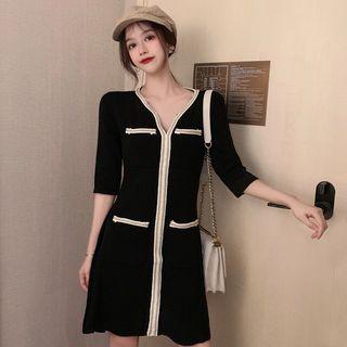 V-neck Contrast Trim Knit A-line Dress