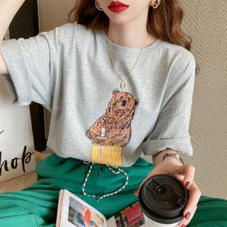 Bear-print Loose T-shirt In 5 Colors