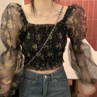 Puff-sleeve Square-neck Ruched Floral Shirt Black - One Size
