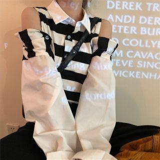 Striped Long-sleeve Loose-fit Blouse Stripes - Black & White - One Size