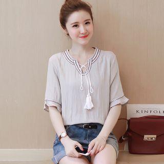 Embroidered Tasseled Tie Front Elbow Sleeve Top