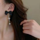 Bow Heart Faux Pearl Alloy Dangle Earring 1 Pair - Stud Earrings - Black - One Size