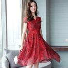 Floral Print Short-sleeve Chiffon A-line Sheath V-neck Long Dress