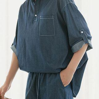 Set: Contrast Stitching Short-sleeve Elbow-sleeve Top + Shorts